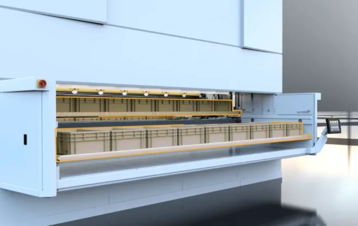 Modula Flexibox system used for efficient, space-saving storage and retrieval in industrial settings.