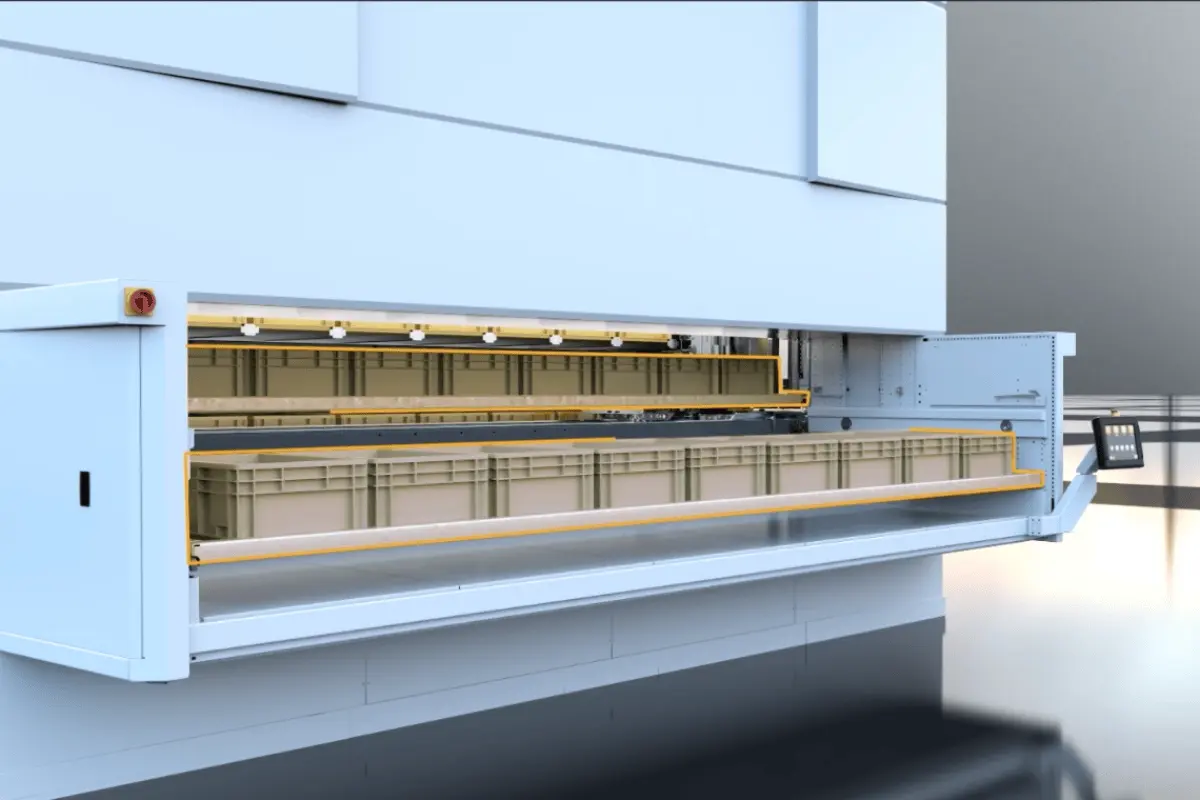 Modula Flexibox system used for efficient, space-saving storage and retrieval in industrial settings.