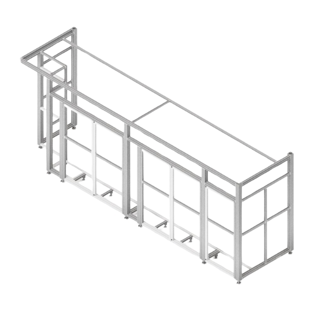 Industrial aluminum enclosure system with modular panel sections and reinforced corner framing. 1